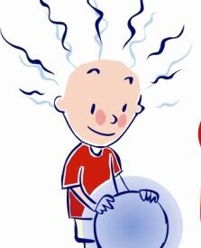 Menino branco com 7 fios de cabelo pretos, trajando uma camiseta vermelha. Suas mãos estão apoiadas em uma bola azul - o Van Der Graaf.
