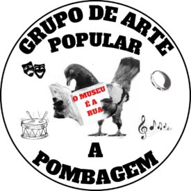 Logo do Grupo de Arte Popular Pombagem cujo símbolo é um pombo lendo um livro. A capa deste livro apresenta o conceito de que "O Museu é a Rua".