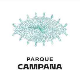 Logotipo do Parque Campana. Na parte superior, há uma ilustração em verde que lembra uma estrutura orgânica ramificada, semelhante a raízes ou galhos interligados, formando um desenho radial. Abaixo, em letras maiúsculas, está escrito 'Parque Campana', com a palavra 'Campana' em negrito.