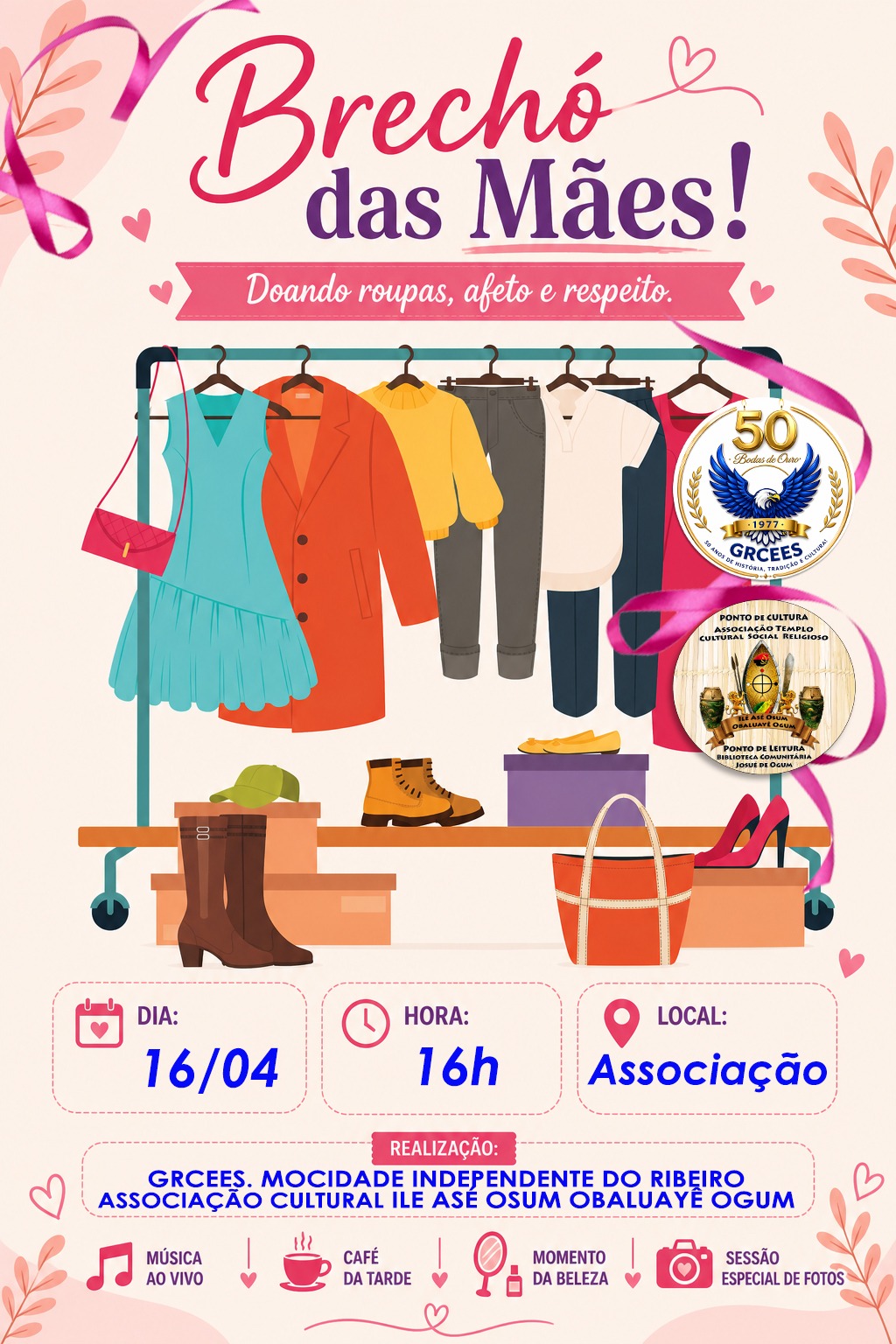 Brechó das Mães: dia de cuidado, afeto e valorização!Em 16/05, no Dia das Mães, a Associação e Ponto de Cultura Ilê Asé Osum Obaluayê Ogum, de Cafelândia/SP, com a E.S. Mocidade Independente do Ribeiro (Lins/SP), promove o “Brechó das Mães”. Ação gratuita pra homenagear, acolher e fortalecer mães da comunidade.Teremos: café da tarde, roda de conversa com psicóloga, momento beleza, fotos em estúdio, música ao vivo, kits e brechó solidário com doação de roupas. 16/05, às 16h. Av. Antônio Soares Amaral do Farto, 77, Cafelândia/SP. Venha celebrar! 💖