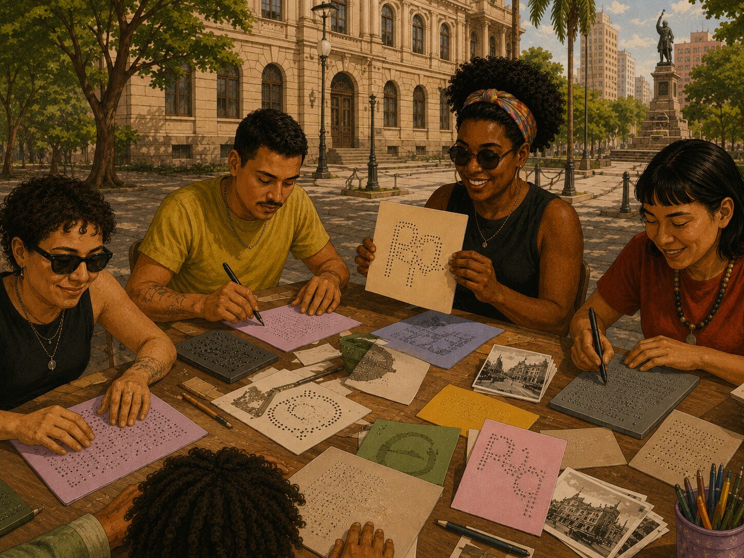 Ilustração de pessoas diversas estão reunidas em torno de uma mesa de madeira produzindo poesias e desenhos com o braille. Sobre a mesa há regletes, folhas coloridas com padrões em braille, canetas e fotografias em preto e branco de edifícios históricos da cidade. Uma participante segura uma folha com composição visual em pontos braille, enquanto outras escrevem e exploram os materiais pelo tato. Ao fundo, o edifício Caetano de Campos.