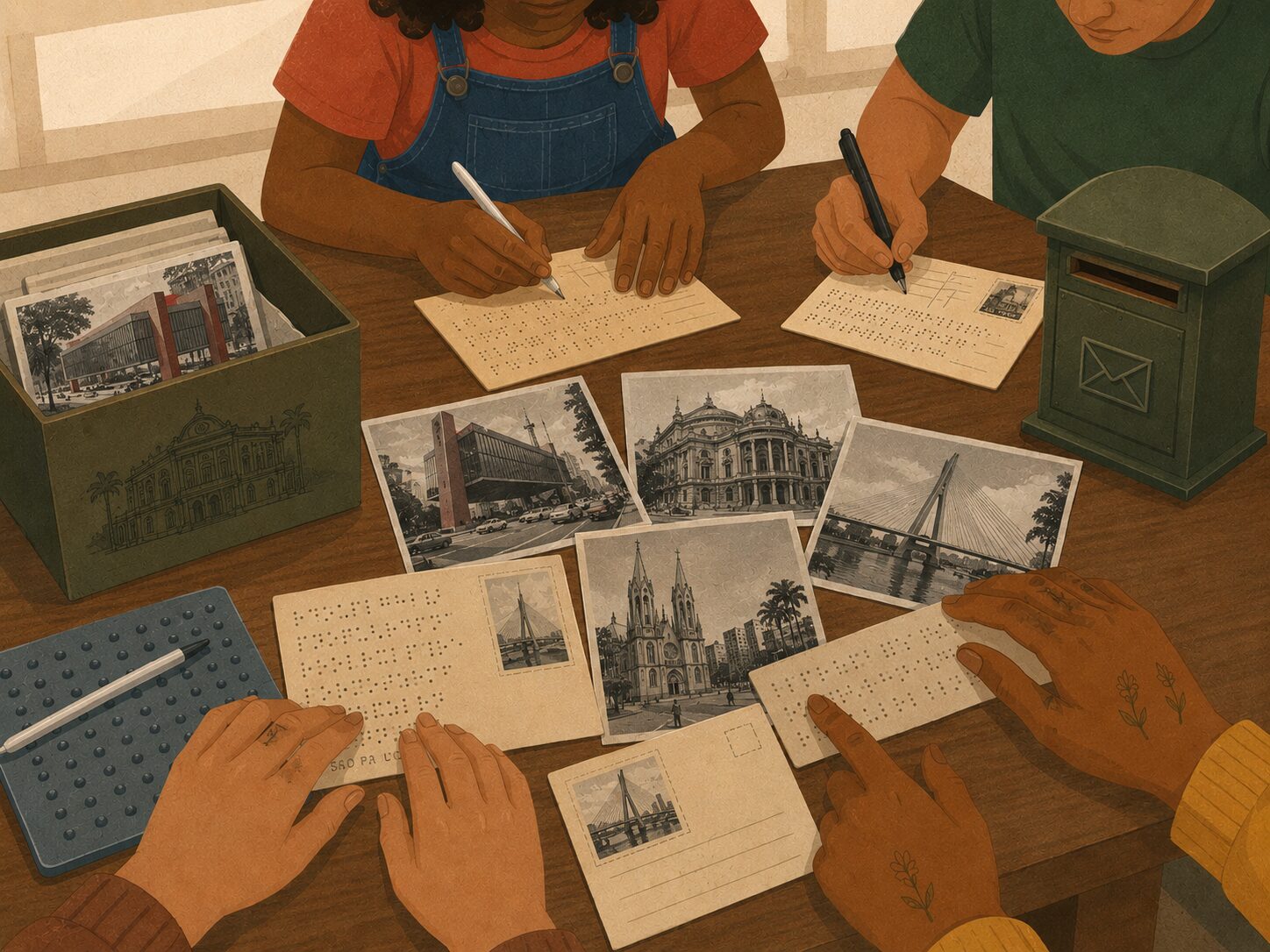 Ilustração de diversas mãos manipulando cartões postais em braille, fotografias históricas e materiais táteis. Sobre a mesa há regletes, canetas e cartões com escrita em braille. As imagens impressas mostram marcos da cidade de São Paulo, como a Ponte Estaiada, o Theatro Municipal e a Catedral da Sé. À direita, uma pequena caixa de correio verde reforça o tema da correspondência.
