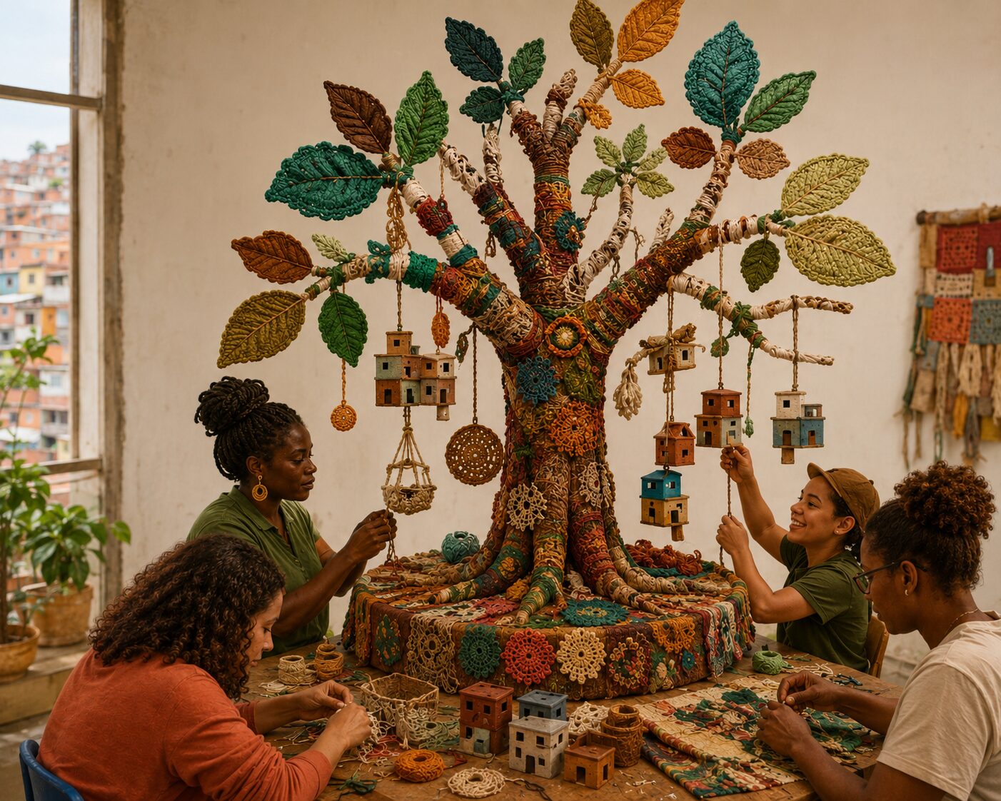Ilustração de uma grande árvore artesanal inspirada na faveleira construída com crochê, tecidos, cordas e materiais reciclados em tons terrosos e verdes. Pequenas casas pendem dos galhos como ornamentos. Quatro pessoas estão sentadas ao redor de uma mesa trabalhando manualmente na criação da árvore, com linhas, tecidos e peças artesanais espalhadas pelo ambiente.