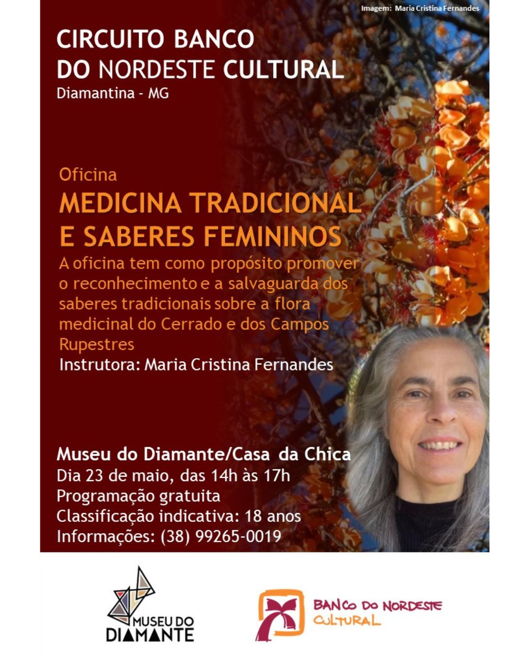 Cartaz com fundo em tom vermelho escuro e imagem de folhas e frutos alaranjados ao fundo. No topo, lê-se “Circuito Banco do Nordeste Cultural – Diamantina/MG”. O cartaz divulga uma oficina intitulada “Medicina tradicional e saberes femininos”. A descrição informa que a atividade tem como objetivo promover o reconhecimento e a salvaguarda dos saberes tradicionais sobre a flora medicinal do Cerrado e dos Campos Rupestres. A instrutora mencionada é Maria Cristina Fernandes. Na parte inferior esquerda, aparecem as informações do evento: Local: Museu do Diamante / Casa da Chica Data: 23 de maio Horário: das 14h às 17h Programação gratuita Classificação indicativa: 18 anos Contato: (38) 99265-0019 À direita do cartaz há a fotografia de uma pessoa com cabelos grisalhos, posicionada em frente a uma árvore com flores ou frutos alaranjados. Na base do cartaz aparecem os logotipos do Museu do Diamante e do Banco do Nordeste Cultural.