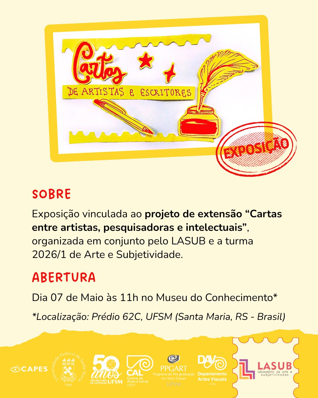 Card da exposição, nas cores amarelo e vermelho, informações presentes na descrição