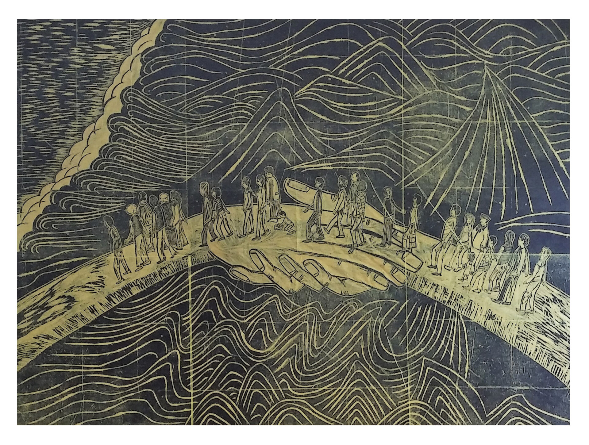 Obra artística da exposição A Ponte, de Michelle Fiorucci, apresentada no Museu Histórico de Palmeira, com gravura contemporânea em grandes dimensões e elementos visuais em preto e branco.