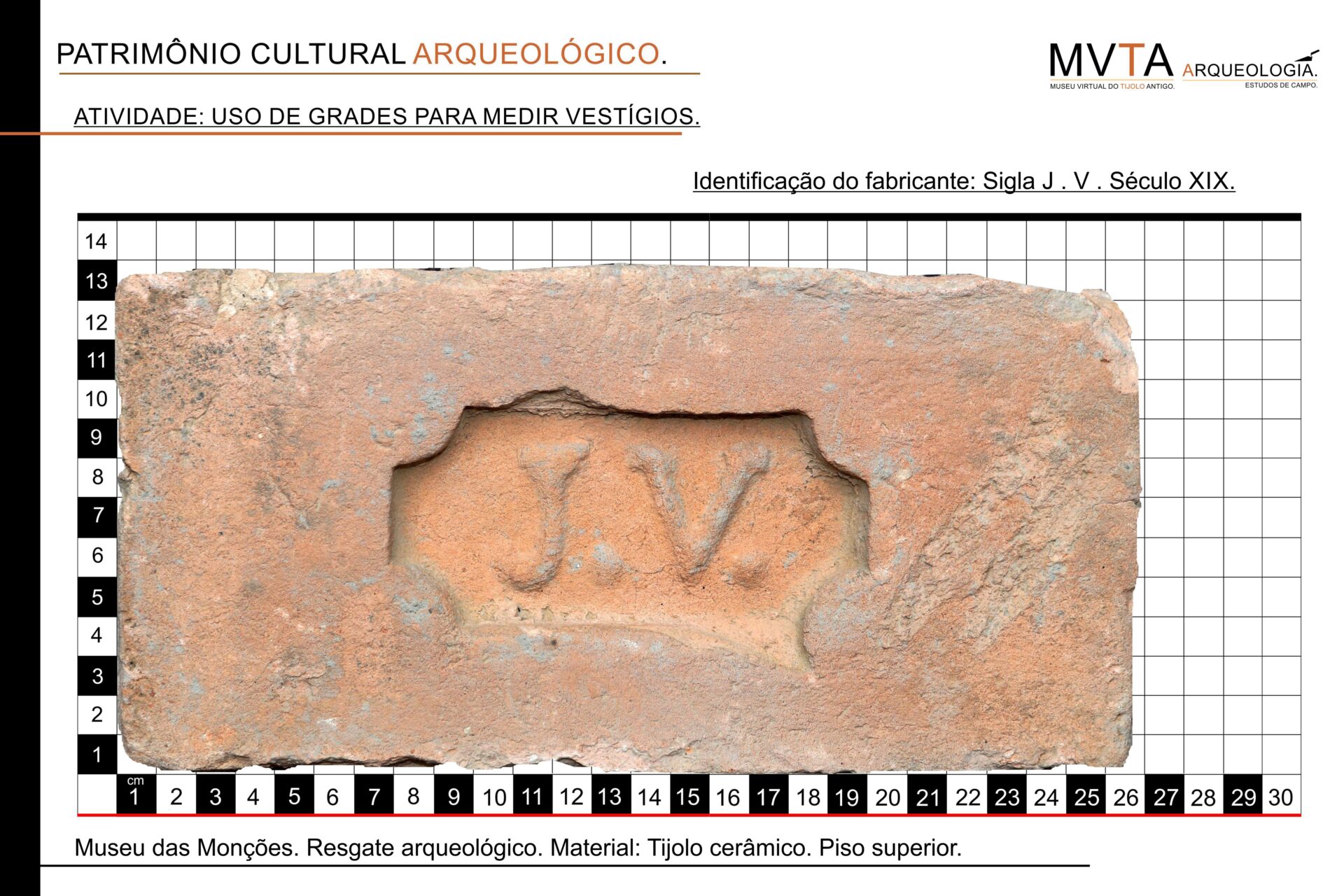 Tijolo de um resgate arqueológico realizado no Museu das Monções no Municpio de Porto Feliz. Estado de São Paulo. O exemplar faz parte do acervo do Museu Virtual dos Tijolos Antigos.