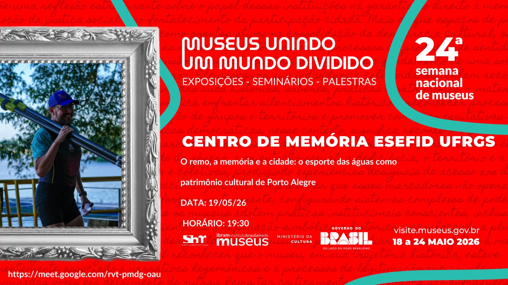 O remo, a memória e a cidade: o esporte das águas como patrimônio cultural de Porto Alegre” propõe refletir sobre a relação entre o remo e a formação cultural da cidade, destacando como as práticas nas águas contribuíram para a identidade, a sociabilidade e a preservação da memória coletiva. A iniciativa valoriza o remo não apenas como esporte, mas como expressão cultural ligada ao território e à história de Porto Alegre. A atividade é realizada em parceria com o professor Dilermando Cattaneo (UFRGS Litoral), o Centro de Memória da ESEFID/UFRGS e a Federação de Remo do Rio Grande do Sul (REMOSUL).
