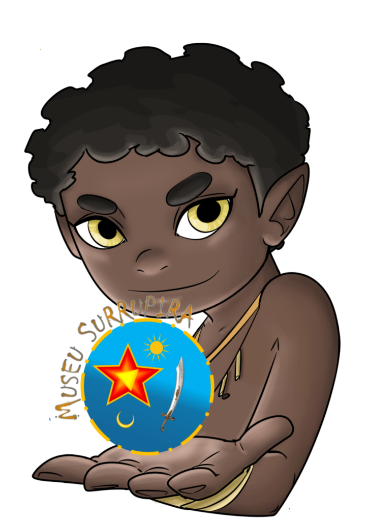 Surrupirinha, mascote do museus, com a logo da instituição na mão.