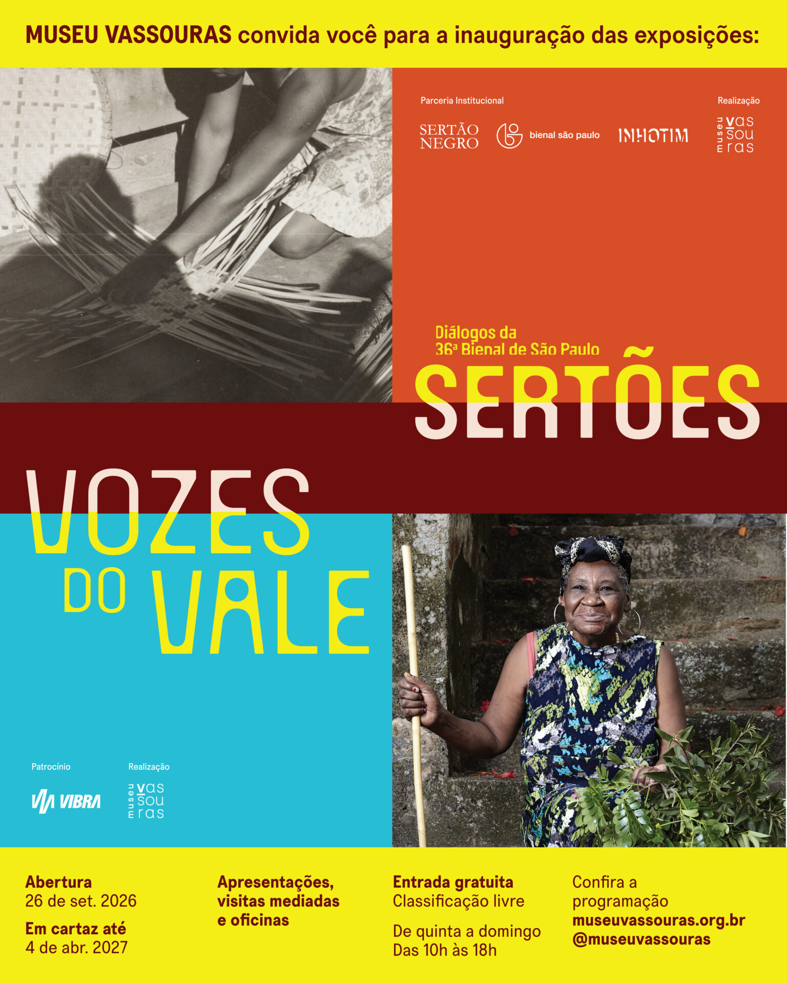 Imagem de divulgação do Museu Vassouras anunciando duas exposições. Na metade superior, o título "Diálogos da 36ª Bienal de São Paulo - SERTÕES" é acompanhado por uma fotografia em preto e branco de uma pessoa trançando fibras naturais em cestaria. Na metade inferior, sobre fundo azul-ciano, o título "VOZES DO VALE" está ao lado da foto de uma mulher negra sorridente segurando plantas e apoiando um cajado de madeira.
