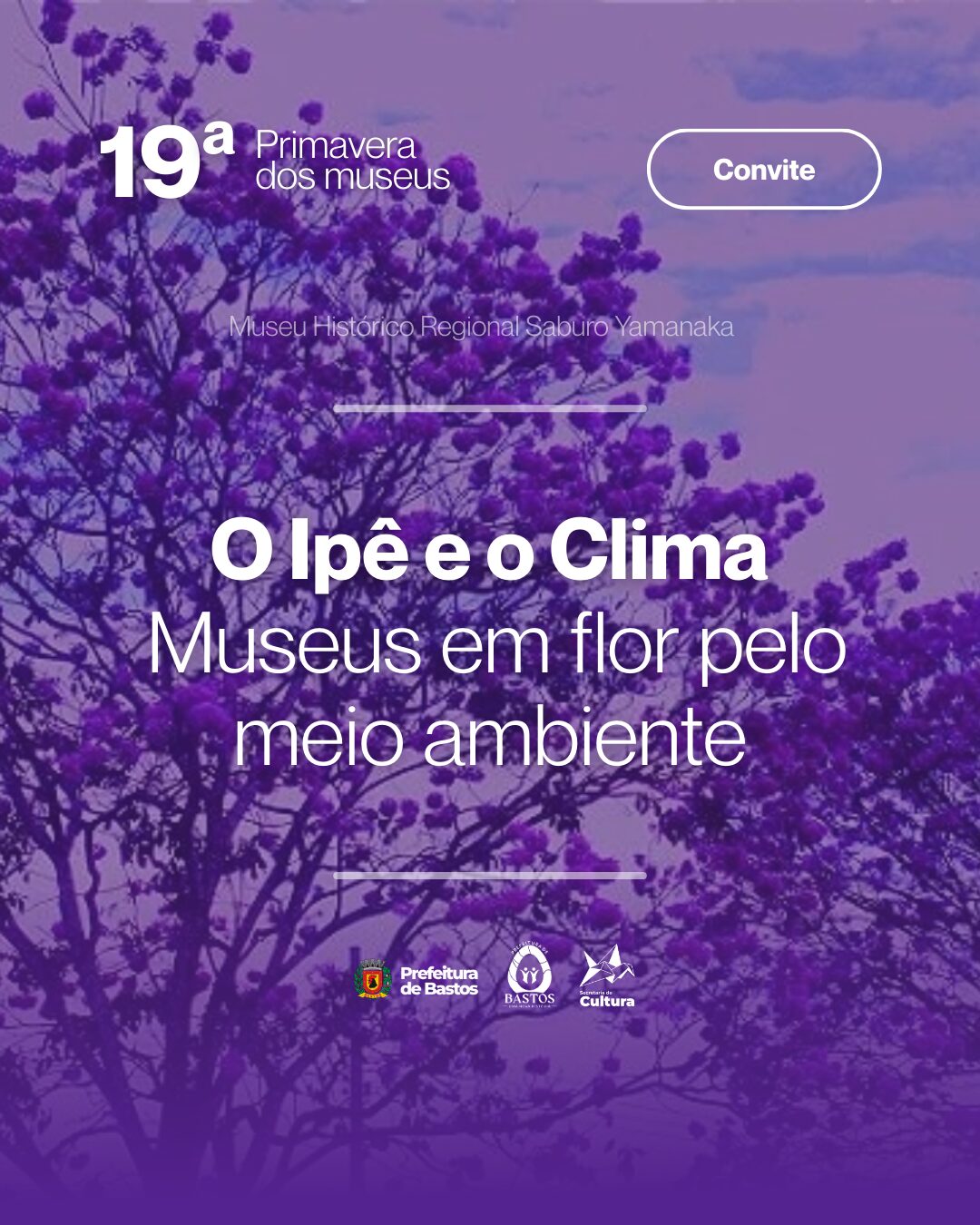Os ipês anunciam a primavera com cor e consciência! O Museu Saburo Yamanaka convida você para a exposição colaborativa “O Ipê e o Clima”, que une natureza, memória e cuidado com o planeta. Participe: fotografe um ipê que represente sua conexão com o meio ambiente e escreva na legenda o que ele inspira em você uma memória, estação, alerta ou desejo de mudança. Poste marcando @pref_bts, @culturabastos e usando #OIpeEOClima. Os museus são jardins de ideias vamos florescer juntos por um mundo melhor!